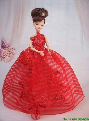 Hand Made Flowers Red Ball Gown Party Clothes Barbie Doll Dress