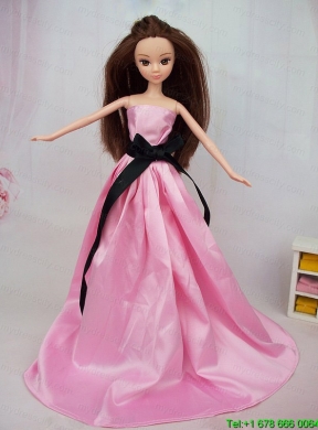 Luxurious Rose Pink Sash With Party Dress For Barbie Doll