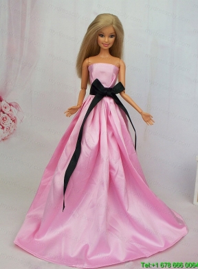 Luxurious Rose Pink Sash With Party Dress For Barbie Doll