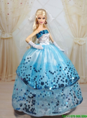 Popular Ball Gown Party Clothes White and Blue Barbie Doll Dress