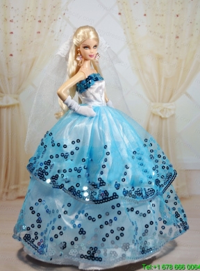 Popular Ball Gown Party Clothes White and Blue Barbie Doll Dress