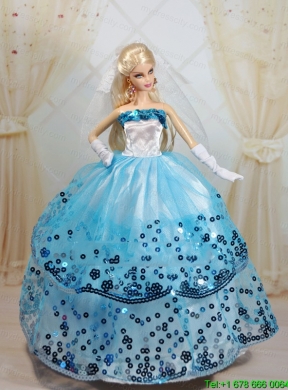 Popular Ball Gown Party Clothes White and Blue Barbie Doll Dress