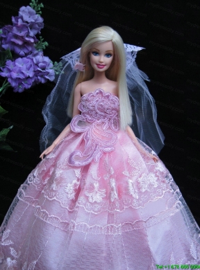 Romantic Baby Pink Strapless Lace Fashion Wedding Dress for Noble Barbie