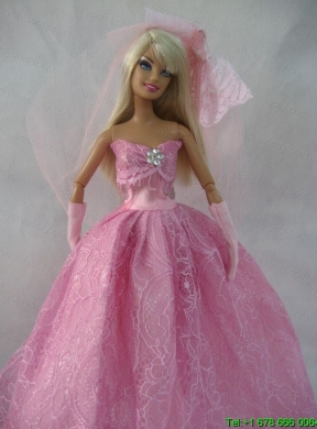 Romantic Rose Pink Strapless Lace Wedding Dress For Barbie Doll