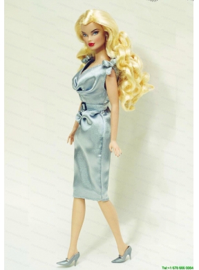 Light Blue and Belt Decorate Barbie Doll Dress