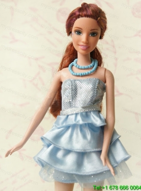 Light Blue Short Party Dress For Noble Barbie With Sequin and Ruffles