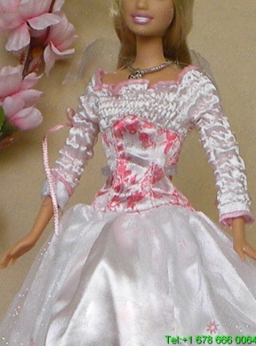 New Beautiful White Long Sleeves Handmade Wedding Party Clothes Fashion Dress for Noble Barbie