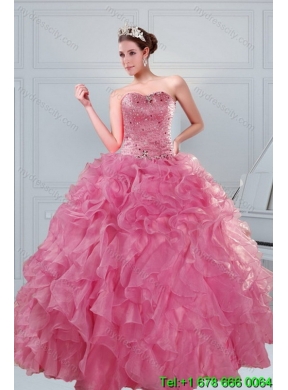 2015 Elegant Coral Red Sweet 16 Dresses with Beading and Ruffles