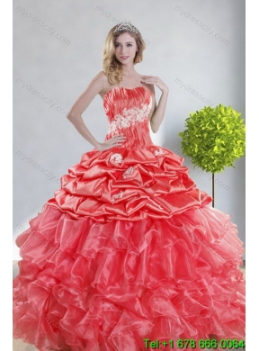 2015 Elegant Watermelon Red Quinceanera Dresses with Appliques and Ruffles