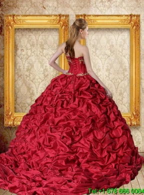 Elegant 2015 Wine Red Brush Train Quinceanera Dress with Sweetheart