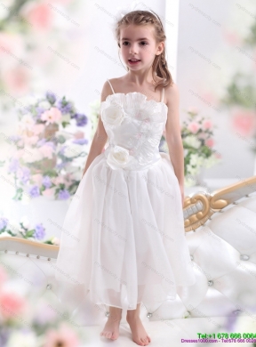 Cheap 2015 White Spaghetti Straps Flower Girl Dress with Flowers and Ruffles