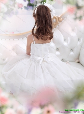 Cheap 2015 White Spaghetti Straps Flower Girl Dress with Flowers and Ruffles