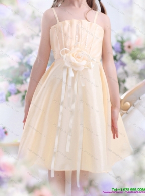 Cheap Champagne Spaghetti Straps Flower Girl Dresses with Waistband and Hand Made Flower