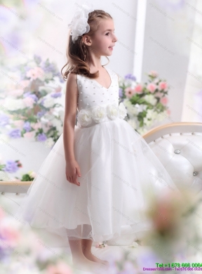 Cheap Halter Top White Mini Length Flower Girl Dress with Hand Made Flower