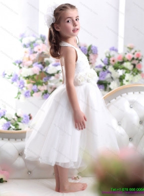 Cheap Halter Top White Mini Length Flower Girl Dress with Hand Made Flower