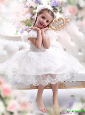 Cheap White Halter Top Flower Girl Dress with Hand Made Flower