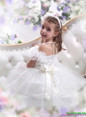 Cheap White Halter Top Flower Girl Dress with Hand Made Flower