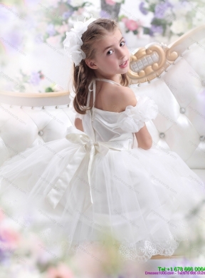 Cheap White Halter Top Flower Girl Dress with Hand Made Flower