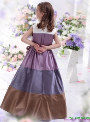 2015 Cheap Multi Color Scoop Flower Girl Dress with Bownot