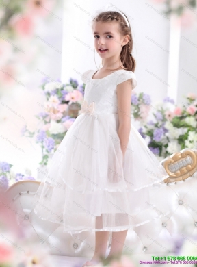 2015 Cheap Scoop White Flower Girl Dresses with Bowknot and Ruffles