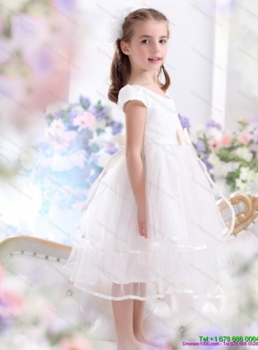 2015 Cheap Scoop White Flower Girl Dresses with Bowknot and Ruffles