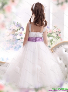 2015 Cheap White Flower Girl Dresses with Lilac Sash