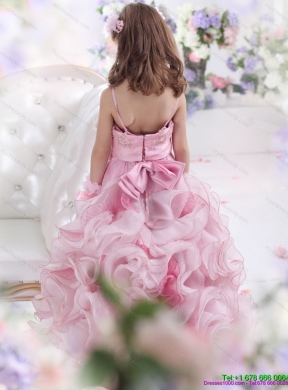 2015 Unique Rose Pink Spaghetti Straps Girls Party Dresses with Appliques