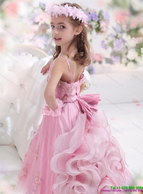 2015 Unique Rose Pink Spaghetti Straps Girls Party Dresses with Appliques