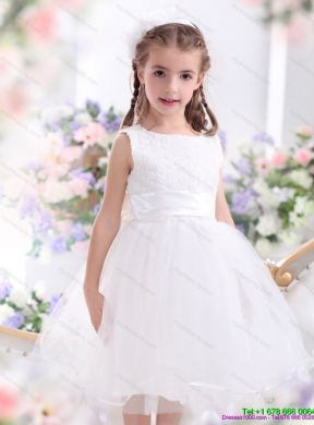 Cheap Scoop Tea Length White 2015 Cheap Flower Girl Dress with Sash