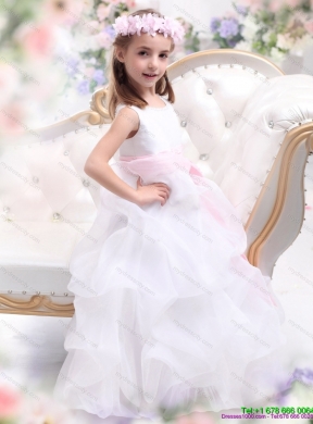 Cheap Scoop White Flower Girl Dress with Sash and Ruffles