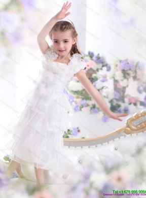 Gorgeous Ruffled Layers White 2015 Girls Party Dress with Hand Made Flower