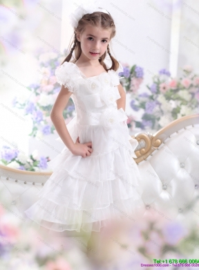 Gorgeous Ruffled Layers White 2015 Girls Party Dress with Hand Made Flower