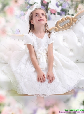 Latest Lace 2015 White Flower Girl Dress with Short Sleeves and Bownot