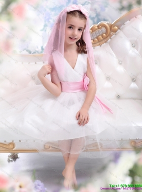 Latest White Flower Girl Dress with Baby Pink Waistband and Hand Made Flower