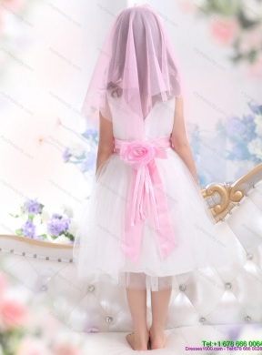 Latest White Flower Girl Dress with Baby Pink Waistband and Hand Made Flower