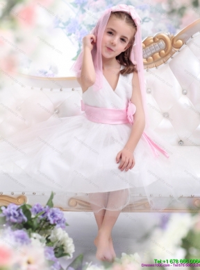 Latest White Flower Girl Dress with Baby Pink Waistband and Hand Made Flower