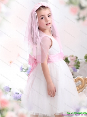 Latest White Flower Girl Dress with Baby Pink Waistband and Hand Made Flower