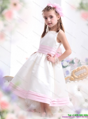 Latest White Scoop Flower Girl Dress with Light Pink Bownot