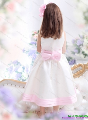 Latest White Scoop Flower Girl Dress with Light Pink Bownot