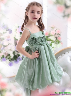 Unique Spaghetti Straps Girls Party Dresses with Waistband and Hand Made Flower