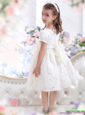 White Scoop 2015 Cheap Flower Girl Dress with Bownot and Cap Sleeves