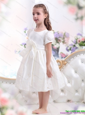 White Scoop 2015 Cheap Flower Girl Dress with Bownot and Cap Sleeves