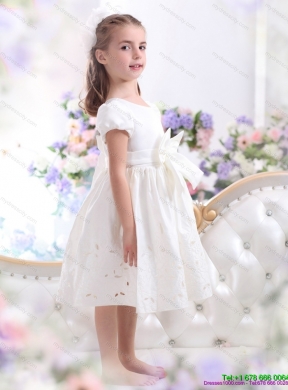 White Scoop 2015 Cheap Flower Girl Dress with Bownot and Cap Sleeves