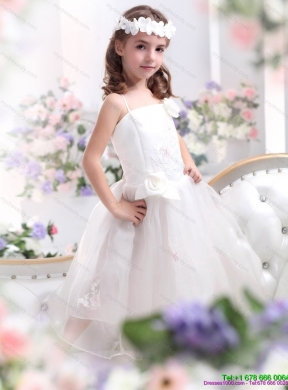 White Spaghetti Straps Girls Party Dresses with Hand Made Flower and Appliques