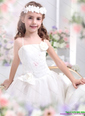 White Spaghetti Straps Girls Party Dresses with Hand Made Flower and Appliques