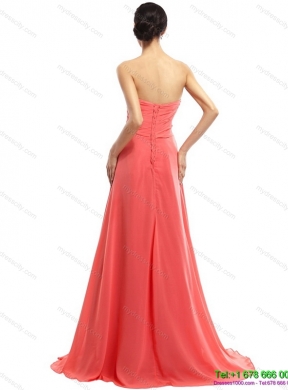 Watermelon Beading Long Prom Dresses with Ruching and Sweep Train