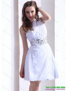 2015 Discount One Shoulder White Prom Dress with Ruching and Sequins