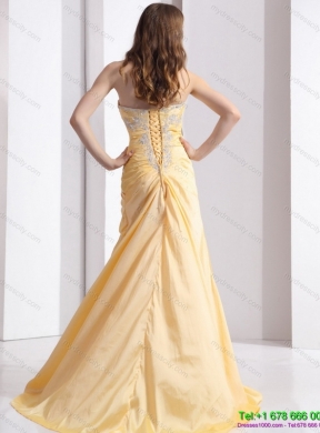 Brush Train Gold Prom Dresses with Ruching and Beading