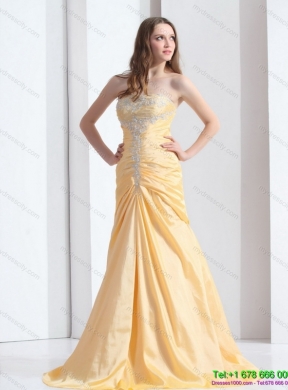 Brush Train Gold Prom Dresses with Ruching and Beading