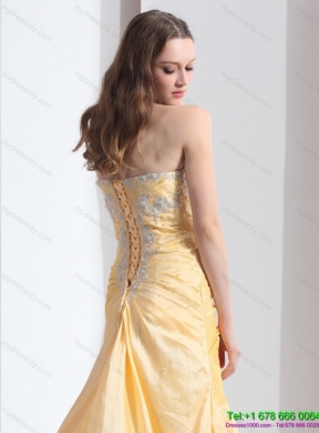 Brush Train Gold Prom Dresses with Ruching and Beading